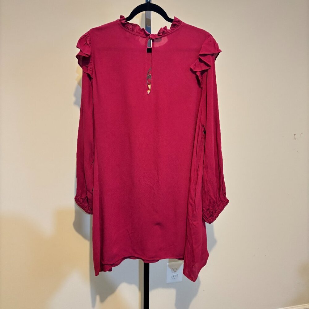 Umgee Burgundy Red Sequin Embroidered Floral Sequin Bird Long Sleeve Dress - Picture 9 of 10